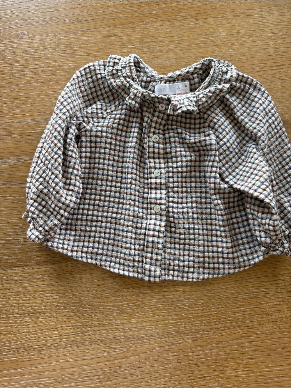 Zara Beige, Brown & Cream Check Ruffle Collar Blouse